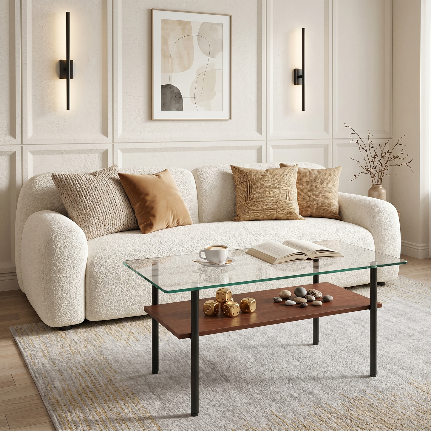 Modern glass coffee table for living room, rectangular tempered glass top, black metal legs with wooden shelf. Easy to clean, stylish center table 38.6 × 22.8 × 17.7 inches image 6