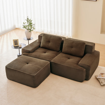 82" Modern L-Shaped Modular Sectional Sofa for Living Room, Corduroy Fabric, 2-Seater Couch with Deep Seat and Movable Ottoman, Pearl-like piping, Tufted Design, No Assembly, Anti-slip Design​, Brown image 1