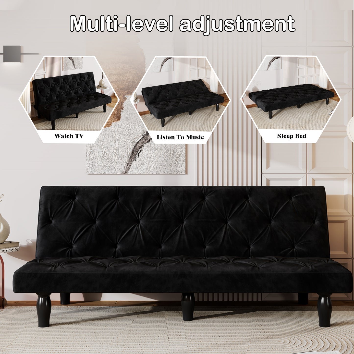 Sofa-to-Bed Evolution: 66" Black Velvet Sofa Bed Transforms Seamlessly, Ideal for Family Living Rooms, Apartments, and Bedrooms image 3