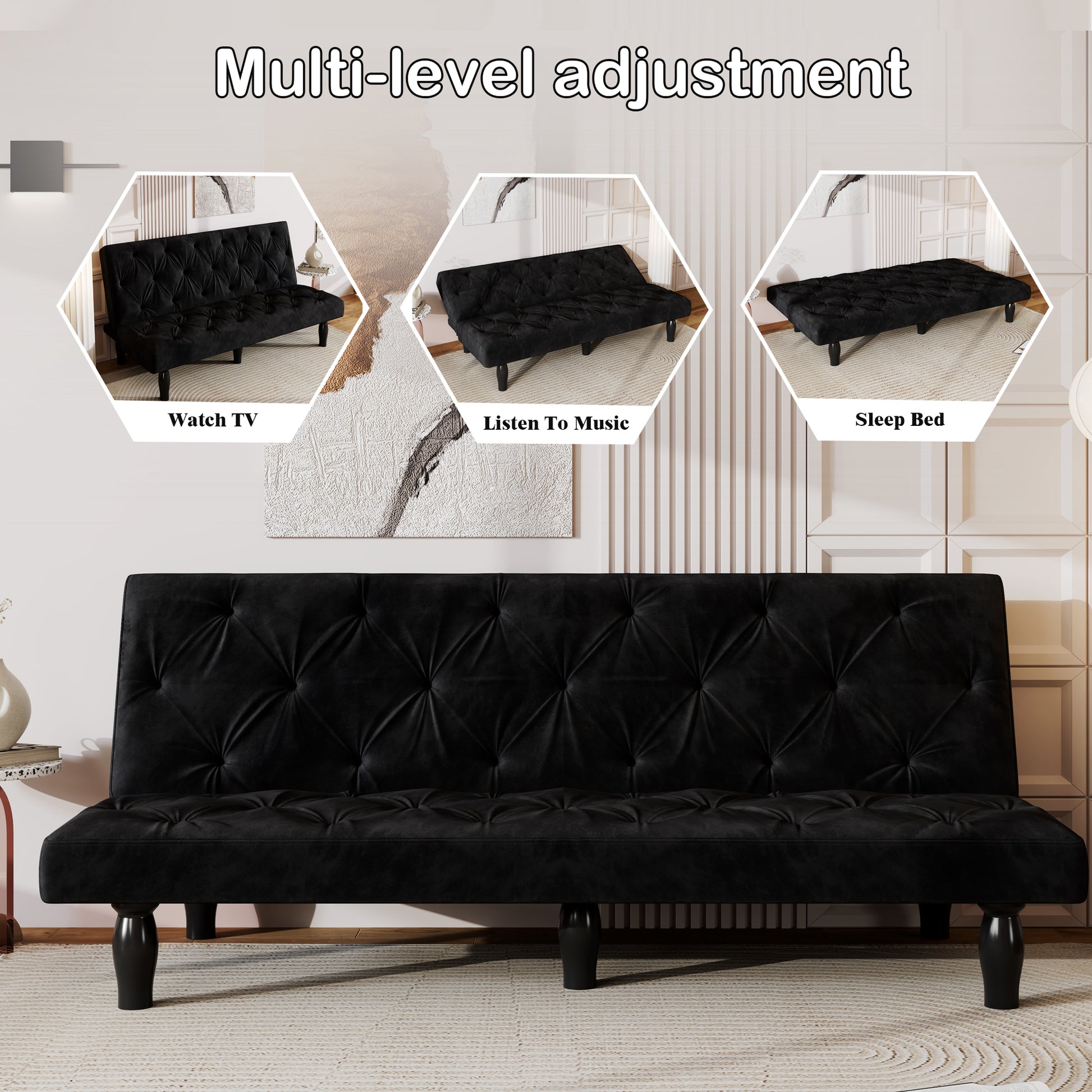 Sofa-to-Bed Evolution: 66" Black Velvet Sofa Bed Transforms Seamlessly, Ideal for Family Living Rooms, Apartments, and Bedrooms image 3