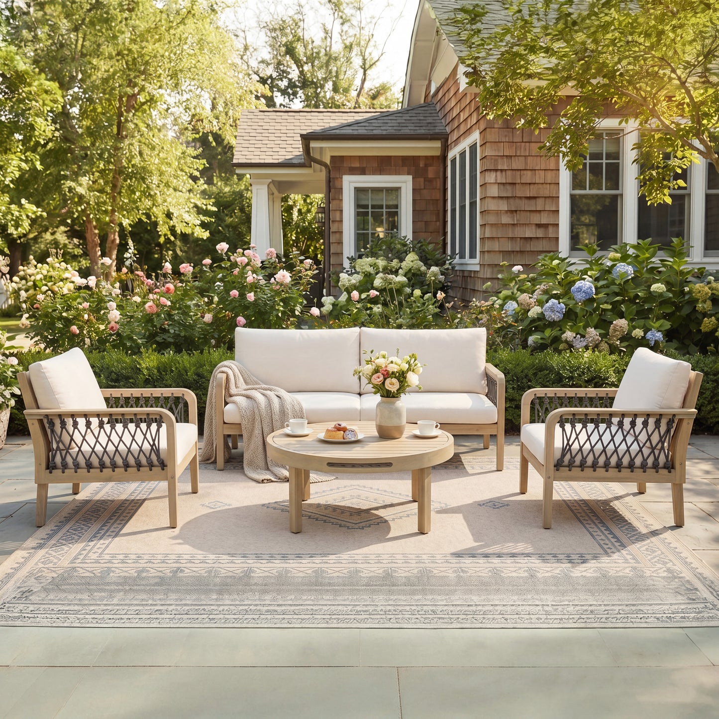 4-Piece Acacia Wood Outdoor Patio Furniture Set, All-Weather Conversation Sofa Set with Rope Woven Armrests, Removable Cushions for Backyard Garden,Light teak+Dark grey rope+Cream cushion image 1