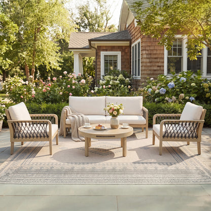 4-Piece Acacia Wood Outdoor Patio Furniture Set, All-Weather Conversation Sofa Set with Rope Woven Armrests, Removable Cushions for Backyard Garden,Light teak+Dark grey rope+Cream cushion image 1