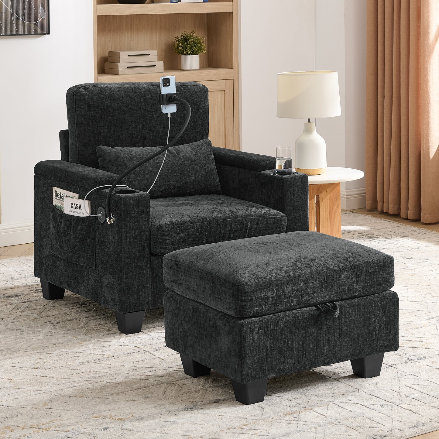 Single sofa recliner with manually adjustable backrest, USB charging port on the armrest side, phone stand included, hidden armrest storage, and a matching storage ottoman-Black image 1