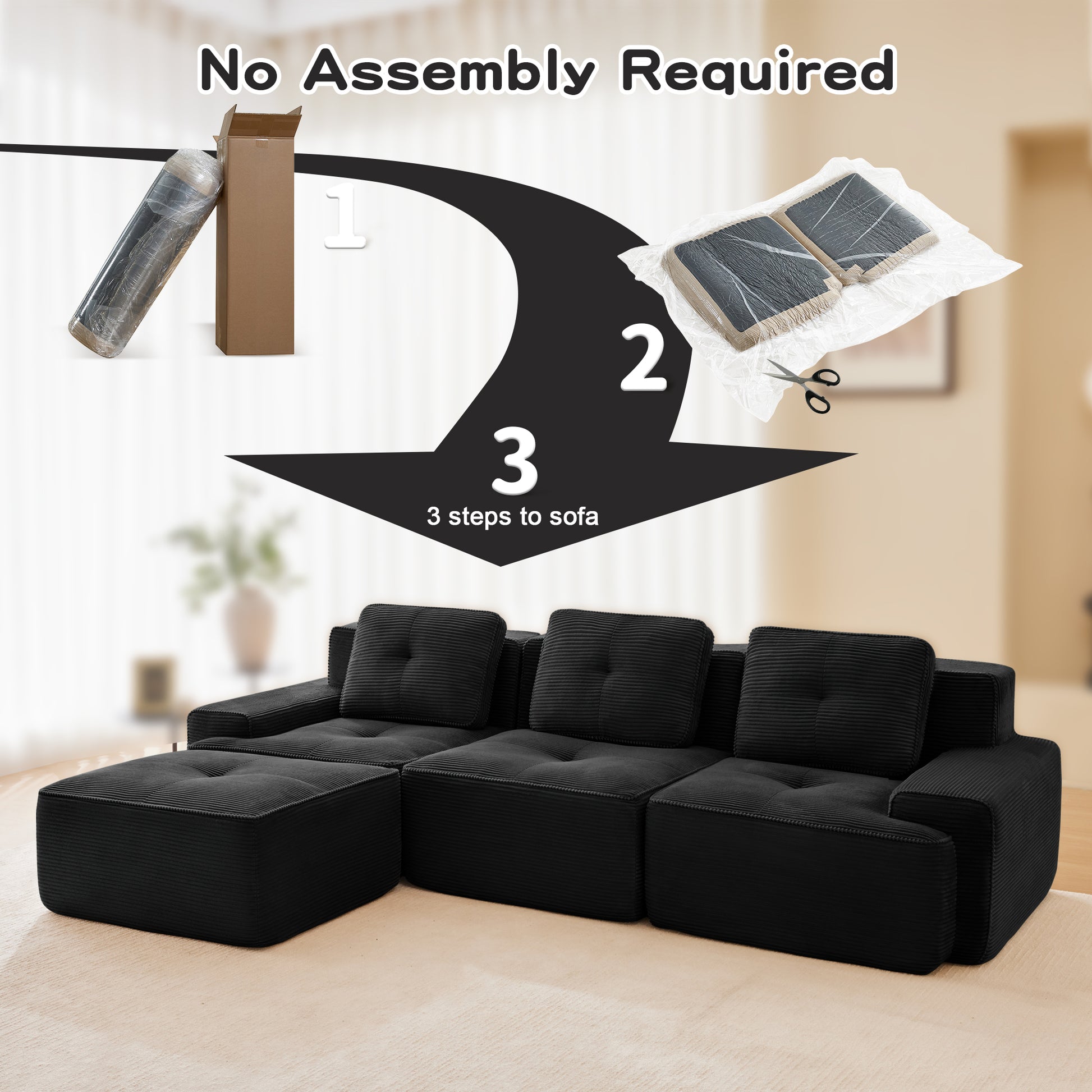 117" Modern L-Shaped Modular Sectional Sofa for Living Room, Corduroy Fabric,3-Seater Couch with Deep Seat and Movable Ottoman,Pearl-like piping, Tufted Design,No Assembly, Anti-slip Design​, Black image 5
