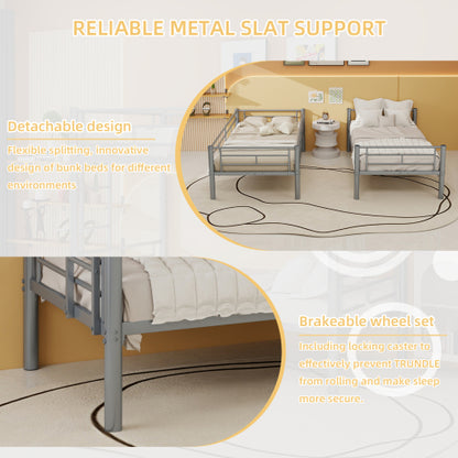 Convertible Twin Metal Bunk Bed Frame, Heavy-Duty Iron Build, Detachable into Two Twin Beds, Space-Saving Design with High Weight Support 400 lbs, Silver. image 11