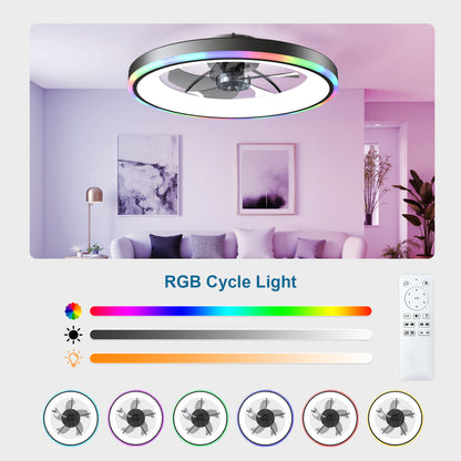 23.6" Modern RGB Ceiling Fan with Lights, Flush Mount Low Profile Fan with Remote & APP, 6-Speed Reversible Silent DC Motor, Dimmable 3000-6500K LED for Bedroom, Black image 5