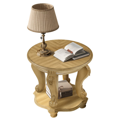 22'' Two Tone Round End Table,Solid Wood Sofa Side Table with Shelf,Living Room Corner Table Easy Assemble, Antique Natural image 3