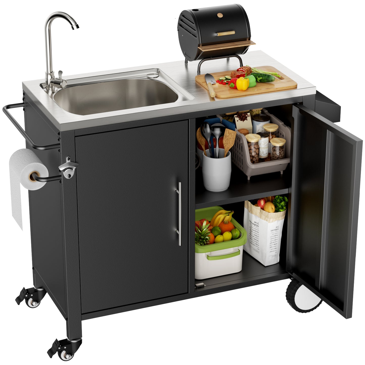 Outdoor Grill Table with Sink, Grill Cart with 304 Stainless Steel Sink and Cabinet, Outdoor Grill Cart,Outdoor Cart Sink Station with Wheels, L38" x W18" x H35" image 1