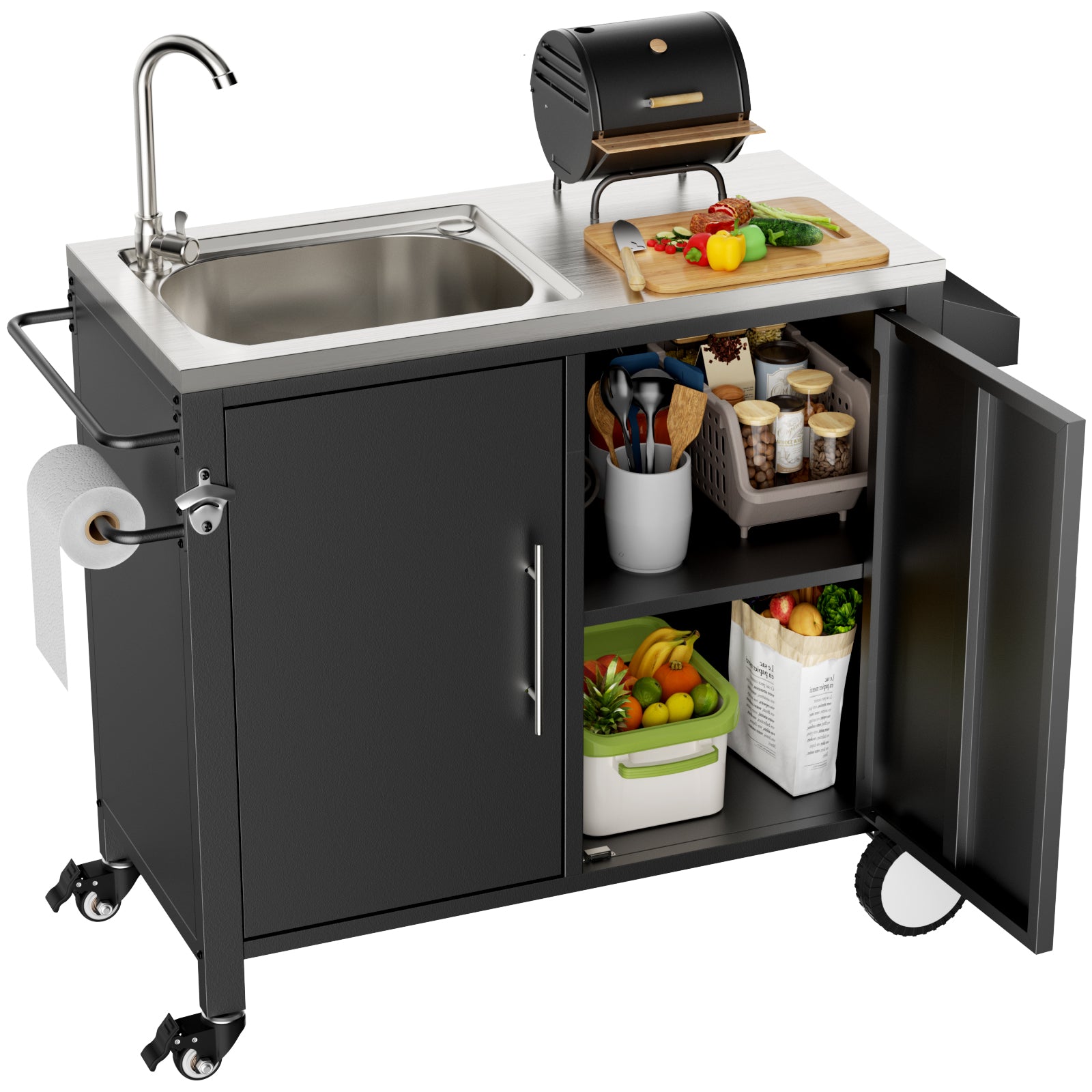 Outdoor Grill Table with Sink, Grill Cart with 304 Stainless Steel Sink and Cabinet, Outdoor Grill Cart,Outdoor Cart Sink Station with Wheels, L38" x W18" x H35" image 1