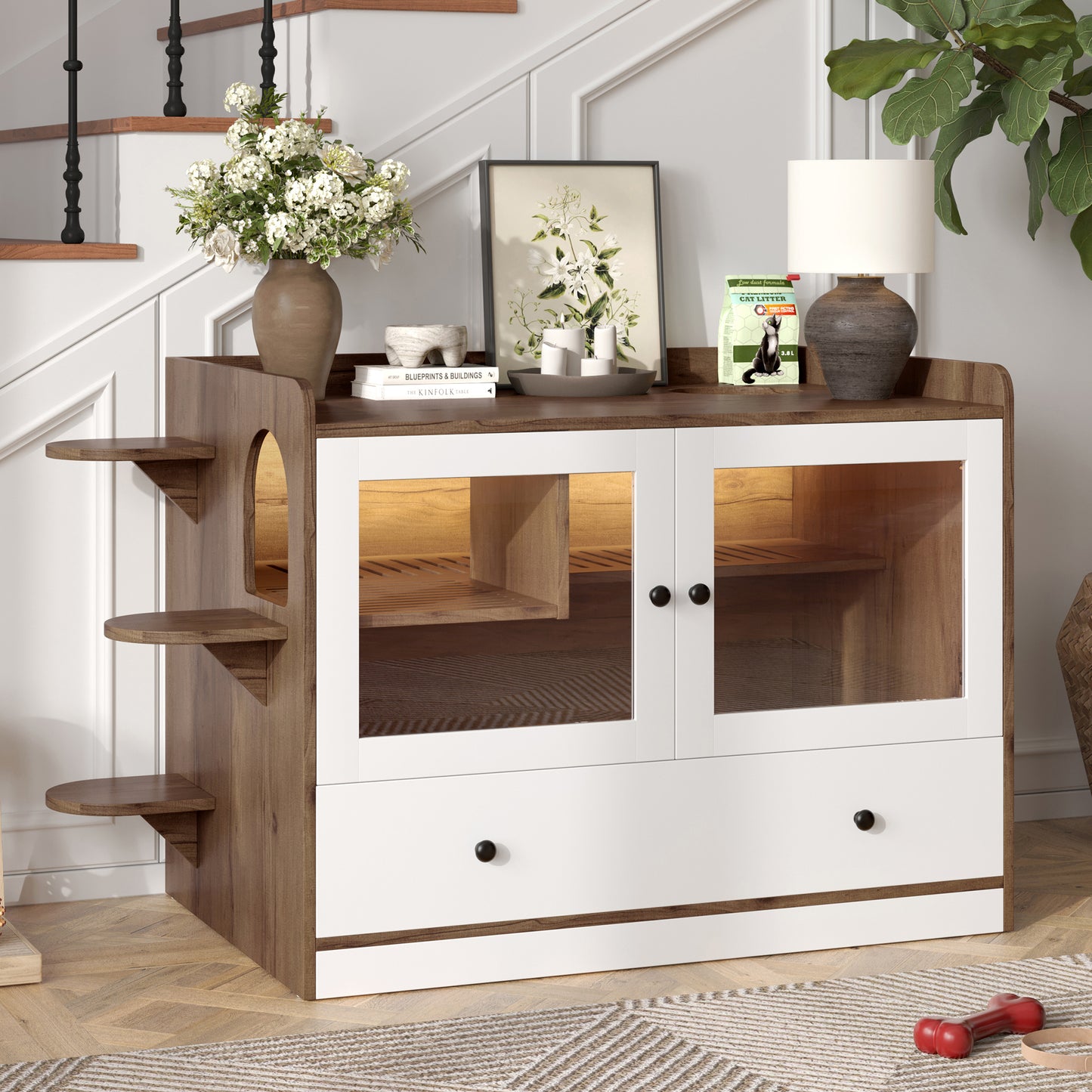 Cat Litter Box Enclosure, Hidden Cat Litter Box Furniture with Drawer and Stairs, Wooden Cat House Washroom for Bedroom,Cat Cabinet Side Table for Living Room, Brown and White image 1
