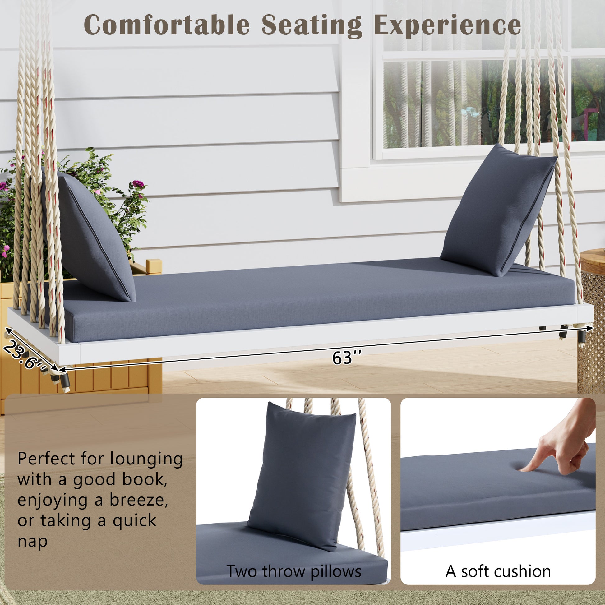 TOPMAX Patio Wooden Swing Chair, Hanging Porch Swing Bench with Cushion&Pillows, 10.8Ft Hemp Ropes for Garden,Backyard, Lawn,White image 6