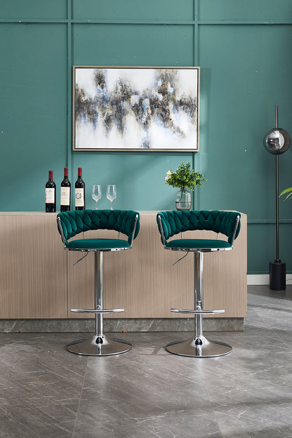Set of 2 Bar Stools,with Chrome Footrest and Base Swivel Height Adjustable Mechanical Lifting Velvet + Chrome Leg Simple Bar Stool-GREEN image 2