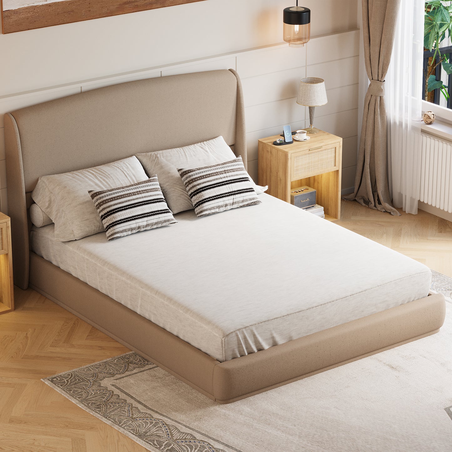 Upholstered Queen Bed Frame with Wingback Headboard, Low Profile Platform Bed with Padded Headboard, No Box Spring Needed, Easy Assembly, Elegant Linen Fabric, Brown image 3