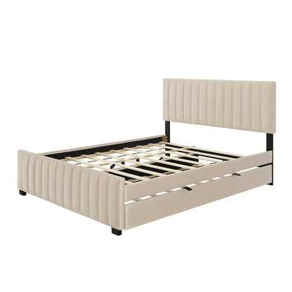 Queen Size Velvet Upholstered Platform Bed with Twin XL Size Trundle, Beige image 10