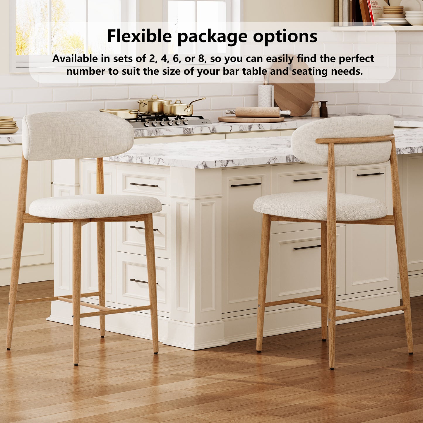 Counter Height Bar Stools Set of 2, Upholstered Counter Stools Modern Barstools with Metal Legs for Kitchen Island Dining Room, Beige image 3