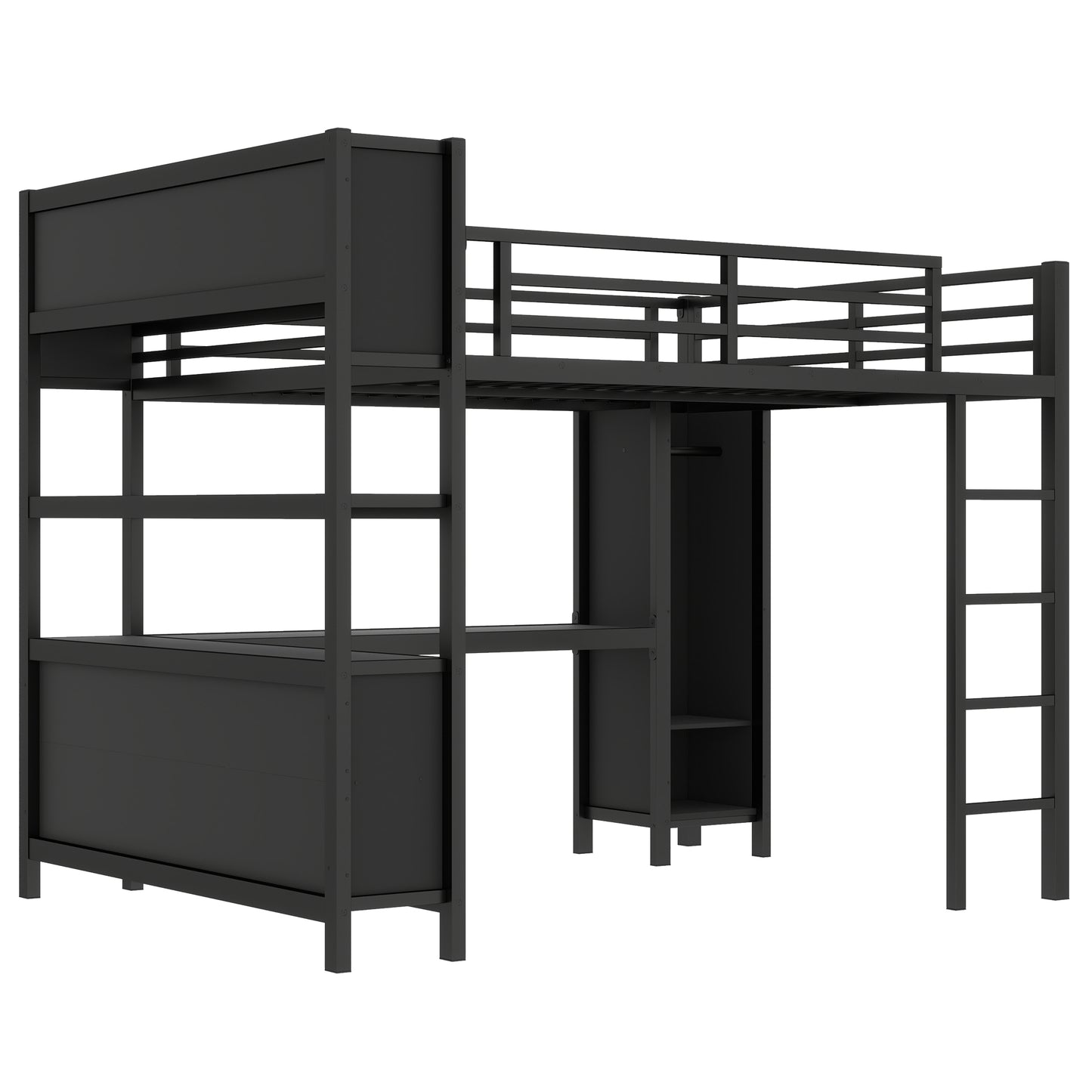 Metal Loft Bed with Wardrobe And L-shaped Desk, Queen Size Loft Bed with Storage Cubes and Shelves, Heavy Duty Loft Bed for Kids Teens Adults, Black image 10