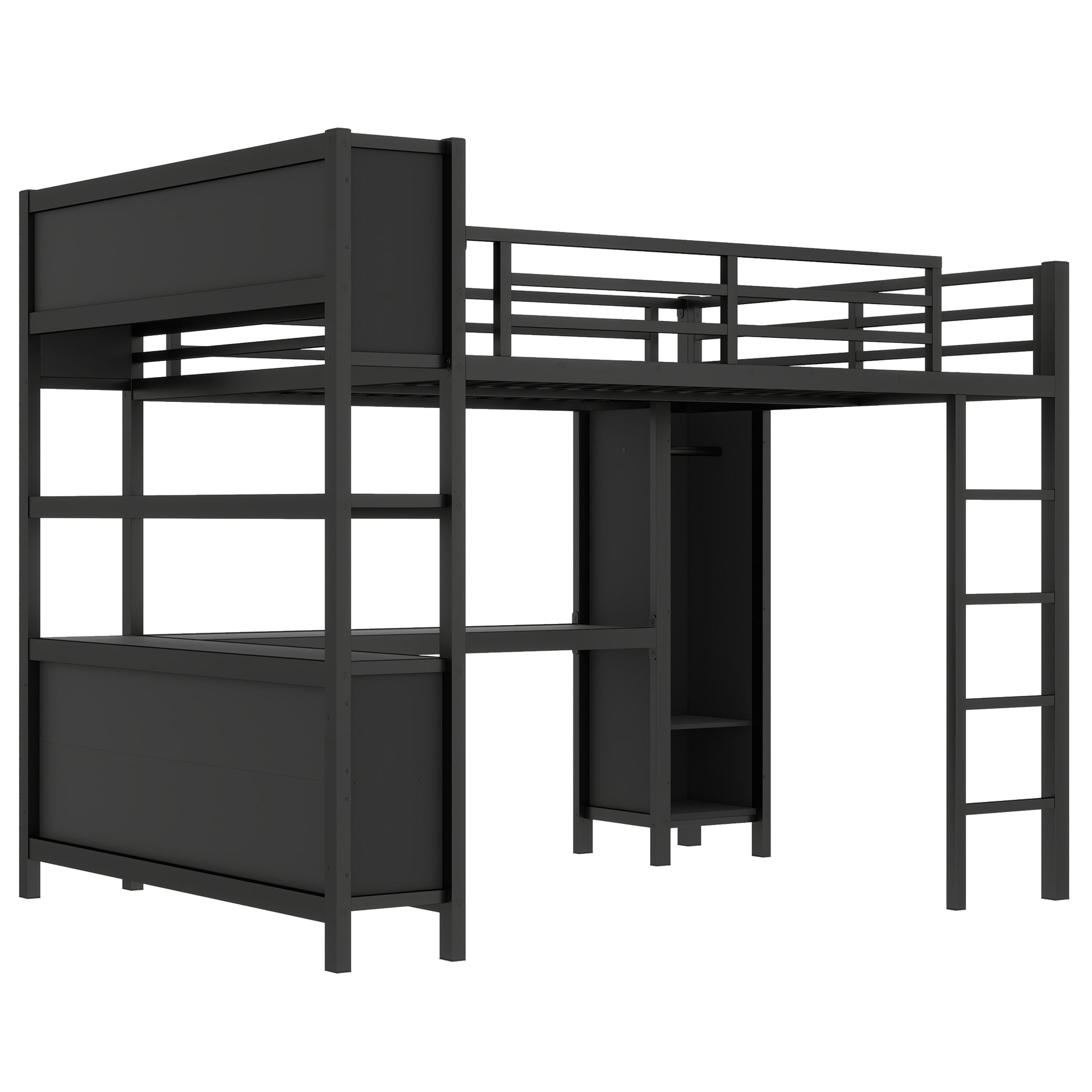 Metal Loft Bed with Wardrobe And L-shaped Desk, Queen Size Loft Bed with Storage Cubes and Shelves, Heavy Duty Loft Bed for Kids Teens Adults, Black image 10