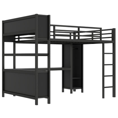 Metal Loft Bed with Wardrobe And L-shaped Desk, Queen Size Loft Bed with Storage Cubes and Shelves, Heavy Duty Loft Bed for Kids Teens Adults, Black image 10