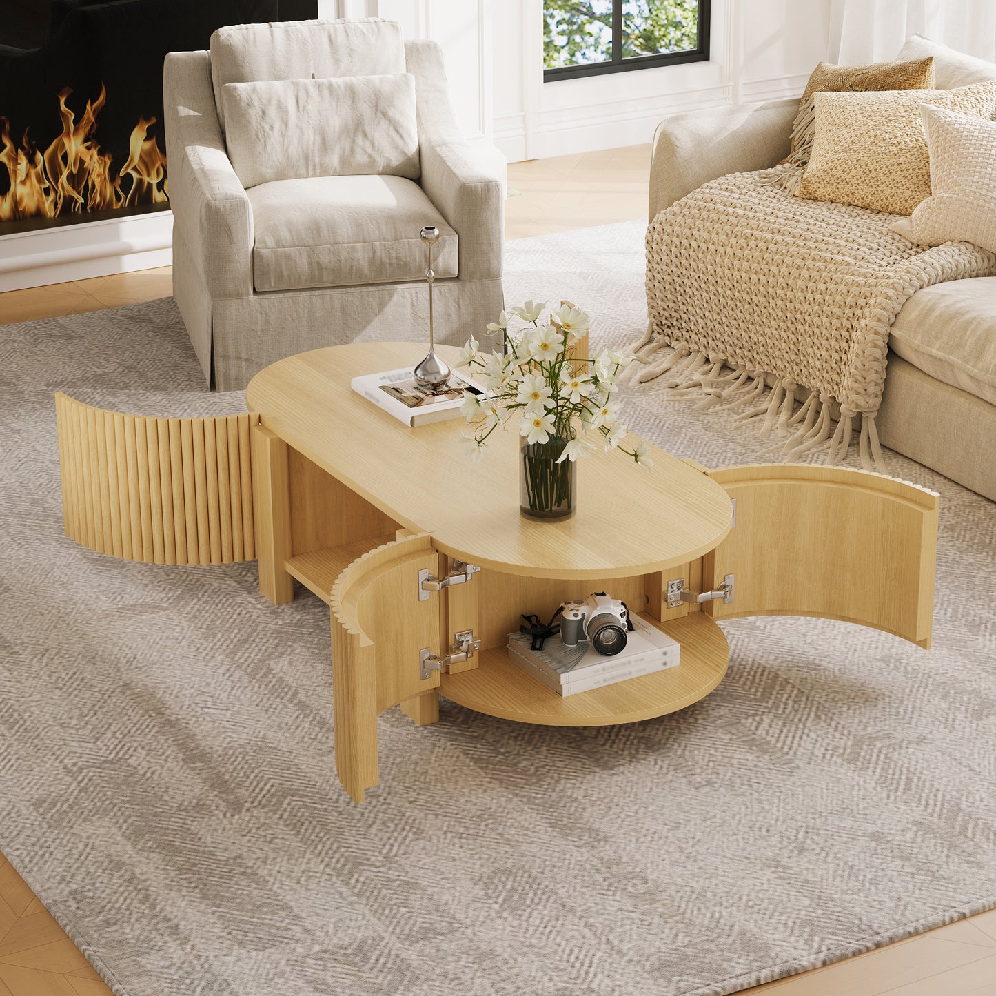 Oval Fluted Coffee Table with Storage for Living Room, Rubber Solid Wood, 1 shelf & 2 Open Storage Doors, Natural, 47" image 1