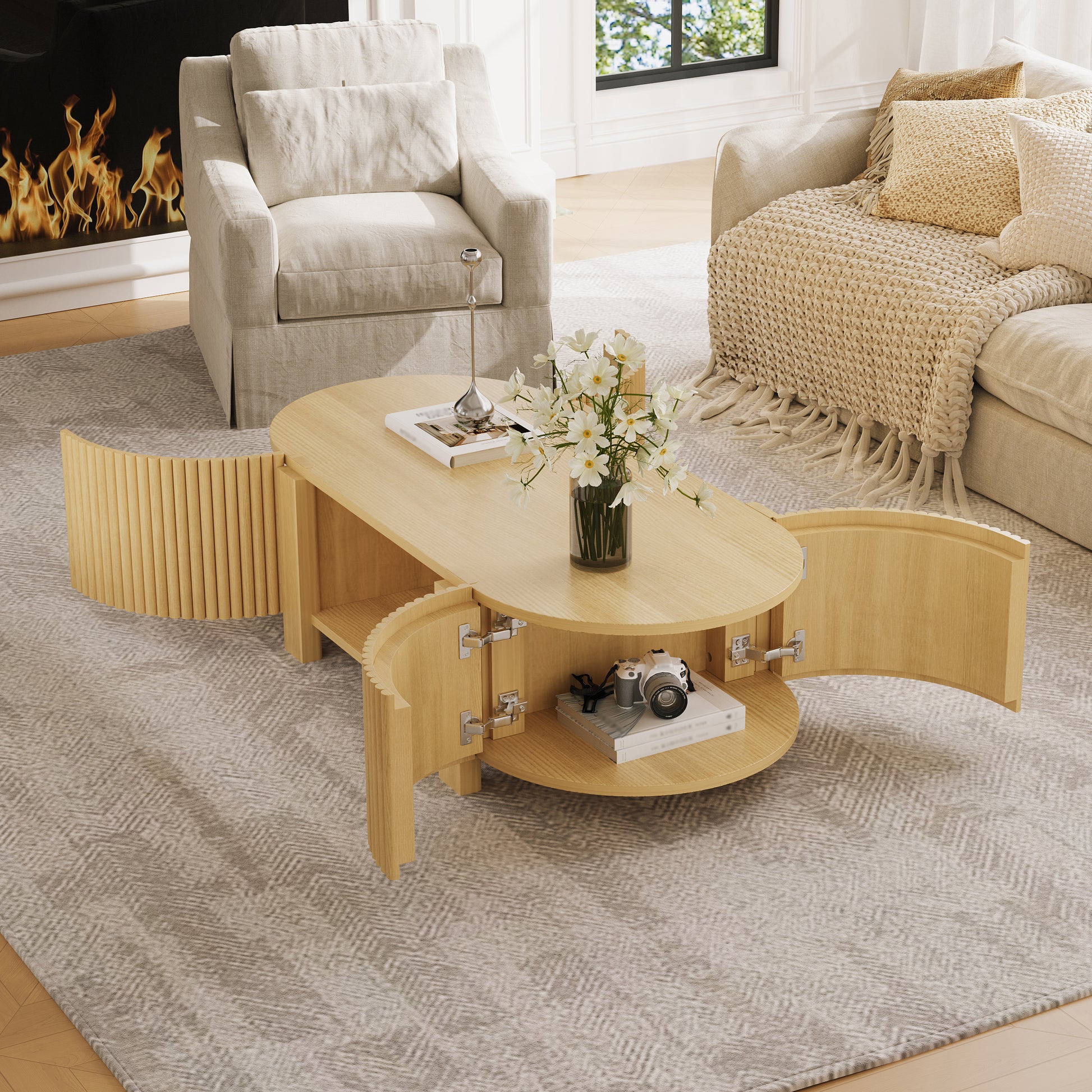 Oval Fluted Coffee Table with Storage for Living Room, Rubber Solid Wood, 1 shelf & 2 Open Storage Doors, Natural, 47" image 1