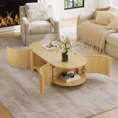 Oval Fluted Coffee Table with Storage for Living Room, Rubber Solid Wood, 1 shelf & 2 Open Storage Doors, Natural, 47" image 1