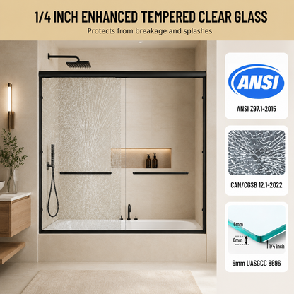 56-60" W x 57" H Framed Double Sliding Bathtub Door, 1/4" (6mm) Clear Tempered Glass with Safety Film and Nano Coating, Waterproof Seals, Matte Black image 5