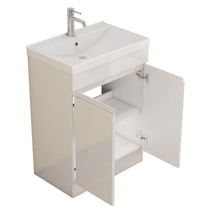24-Inch Bathroom Vanity With Sink Combo, 2 Doors Bathroom Cabinet, With Shelf,Handle Free Design,Unique Thick-Edged Ceramic Basin,Soft Close System Hinge,Easy Assemble,Glossy White image 7