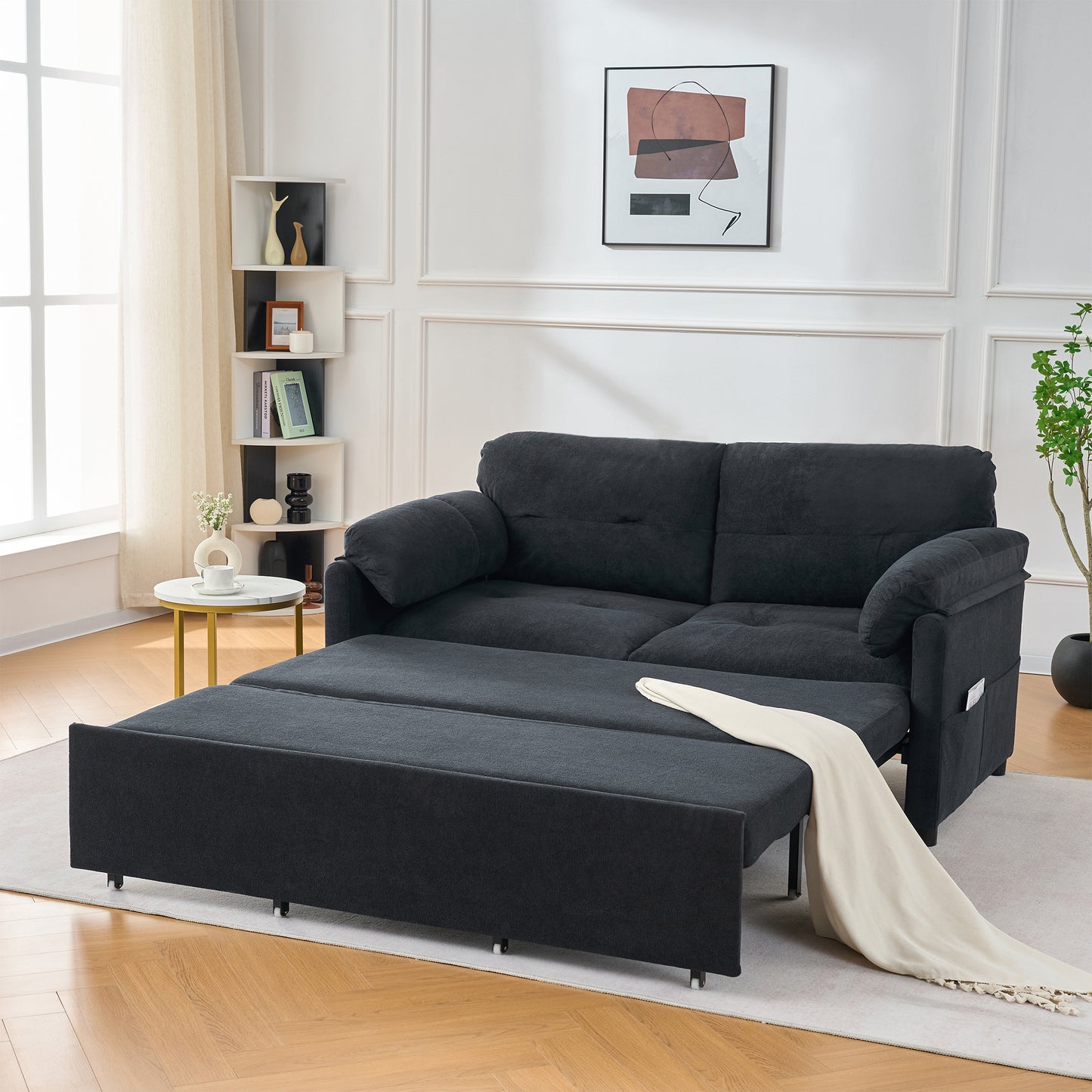 Convertible Pull Out Sofa Bed Queen Size, 3-in-1 Convertible Sleeper Couch with Thicked Cushions and Side Storage,Multi-Functional chenille Loveseat Sofa for Living Room,Bedroom,Apartment,Office,Black image 1