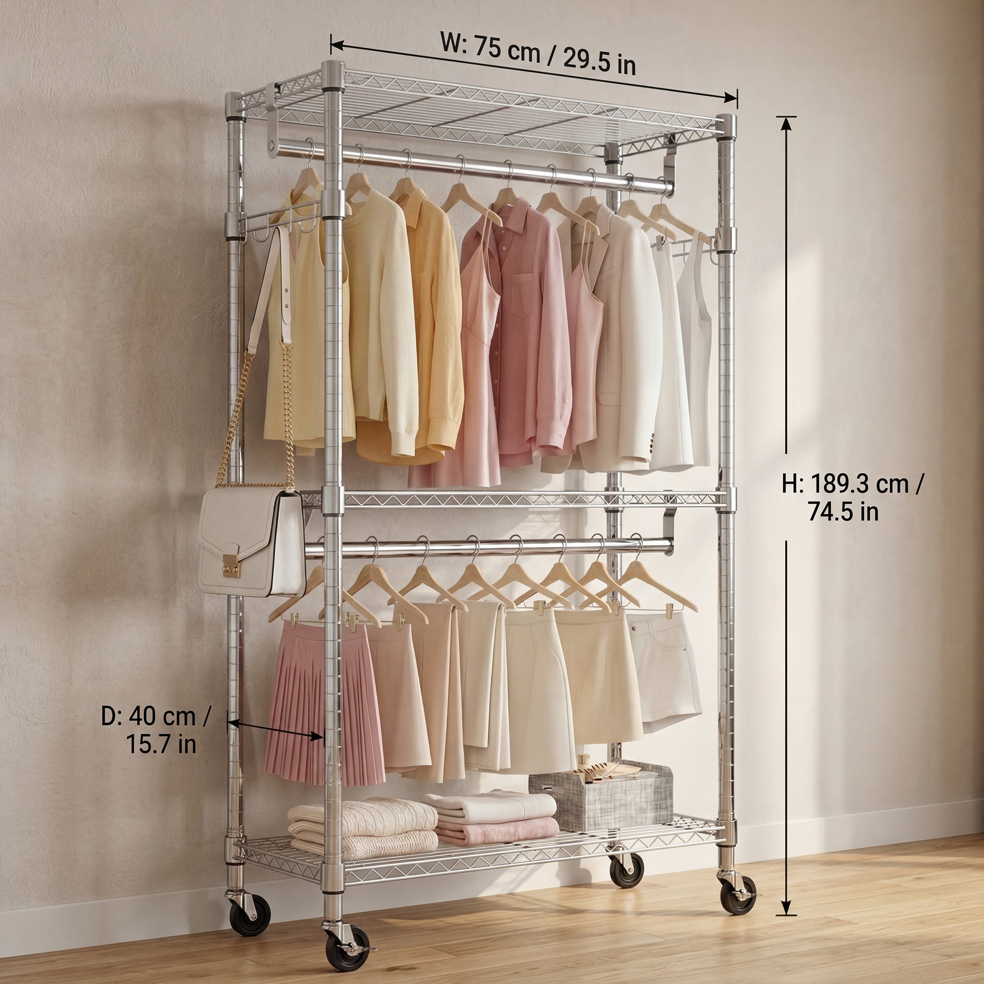 Heavy Duty Rolling Garment Rack 3 Tiers Adjustable Wire Shelving Clothes Rack with 2 Rods and Side Hooks,Storage Closet Clothing Rack with Wheels Chrome 15.7" D x 29.5" W x 74.5" H image 5