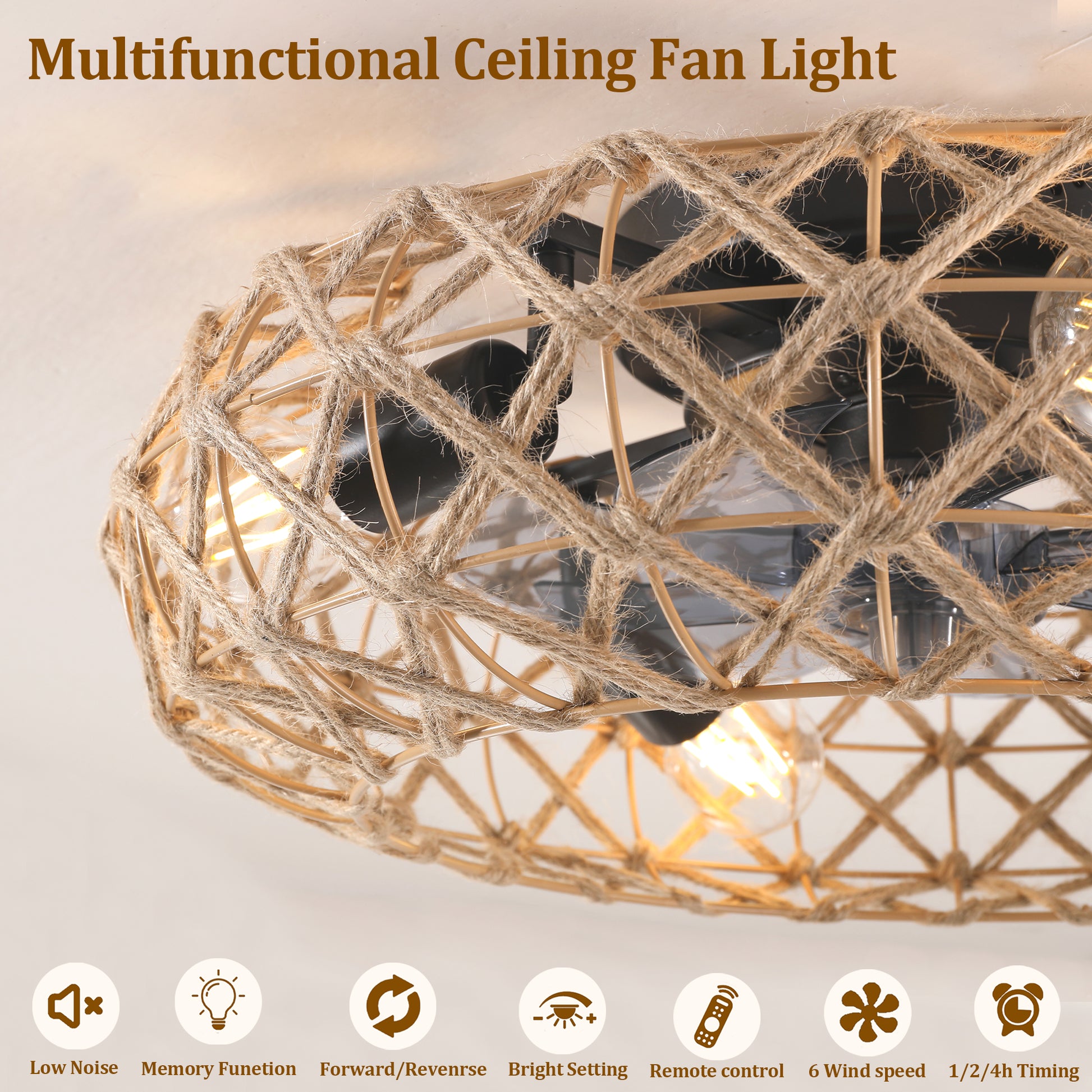 Ceiling-mounted Jute Rope Fan Light Strip with 4 Bulbs, Dimmable, 7 Dlades, Reversible DC Motor image 9