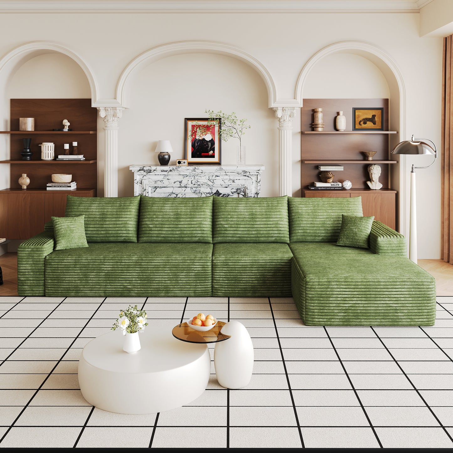 135" Cloud Sectional Couch with L-Shape Chaise,Modern Modular Sofa with Deep Seat, Upholstered Couches for Living Room Bedroom,No Assembly Required, (Plush Corduroy Fabric),Green image 1
