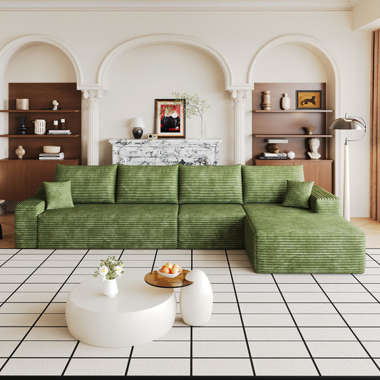 135 inch cloud sectional couch with L-shape chaise green corduroy fabric front view
