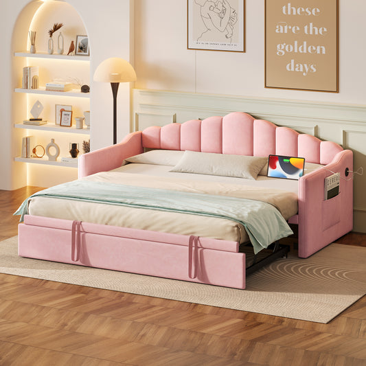 Upholstered Twin Size Daybed with Adjustable Height Pop Up Trundle Twin Bed and USB & Type-C Charging Port, Day Bed Frame with 2 Side Pockets, No Box-Spring Needed, Pink(Old SKU:N733S285118H) image 1