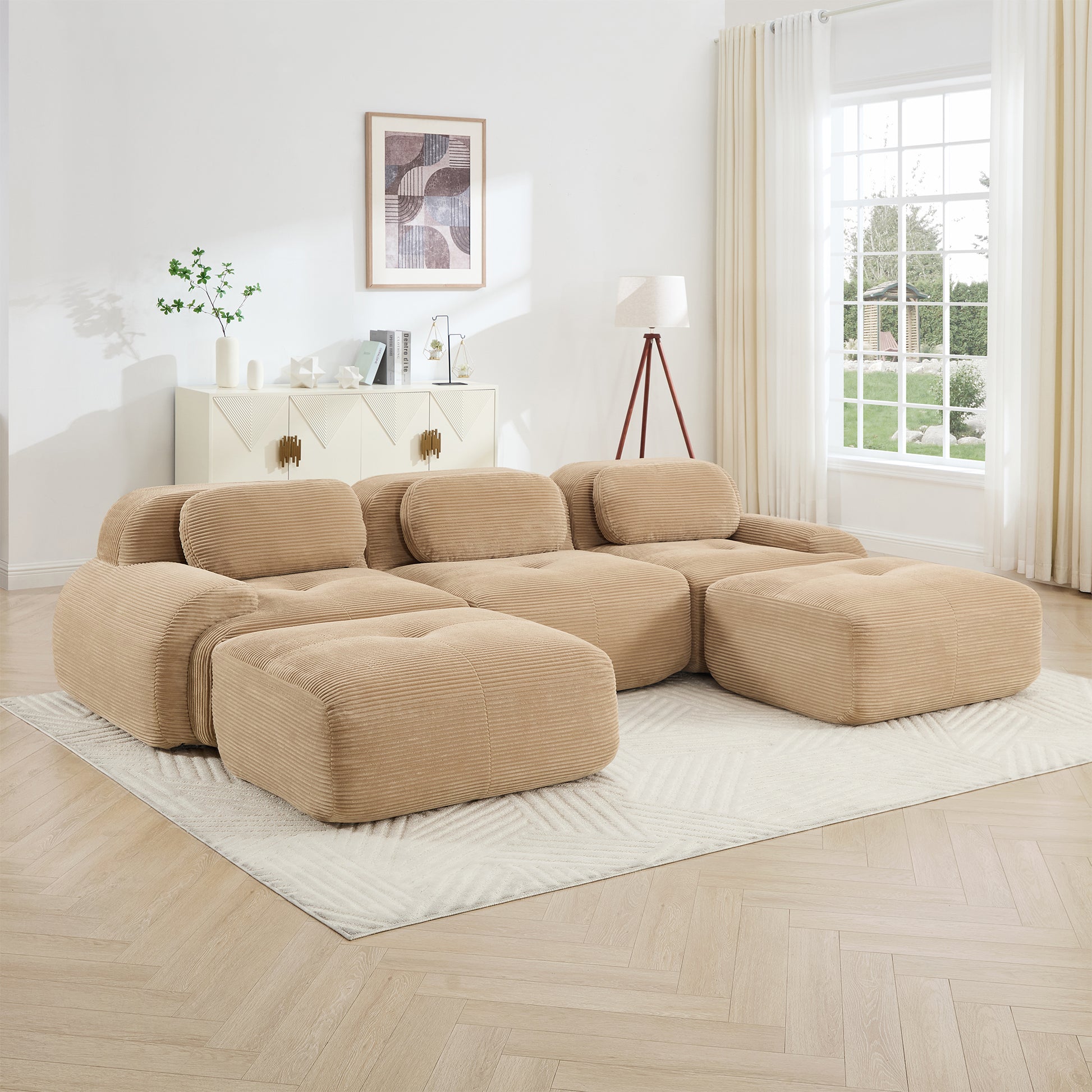 U-shaped modular sofa premiumCorduroy Fabric fabric no assembly anti-slip design pet-friendly extra-wide curved armrests 32D high-resilience sponge for living rooms bedrooms studie,Camel image 3