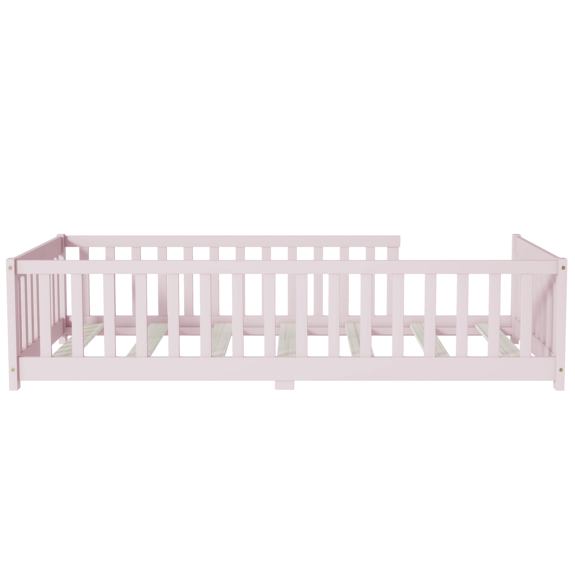 Twin Size Floor Bed with Fence without Door, Rubber Wood Floor Bed with Safety Guardrails,Pink (Old Sku W504P286399) image 12