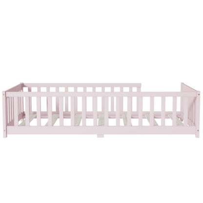 Twin Size Floor Bed with Fence without Door, Rubber Wood Floor Bed with Safety Guardrails,Pink (Old Sku W504P286399) image 12