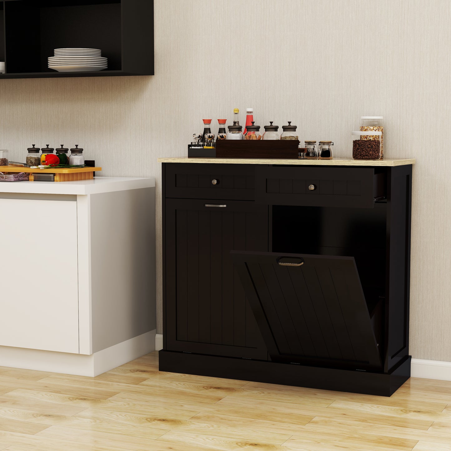 Two Drawers and Two-Compartment Tilt-Out Trash Cabinet Kitchen Trash Cabinet-Black image 5