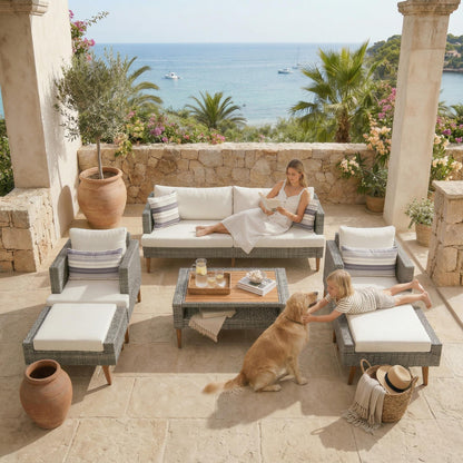 <Old SKU: FG201219AAA> 6-Pieces All Weather PE Wicker Sofa Set, Outdoor Rattan sofa With Double Cushions, Wood Legs Wood Table Top, Beige and Gray image 2