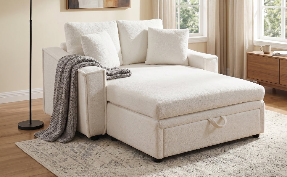 Modern Chaise Sofa 53.5" Sofa Couch Sofa Bed Sleeper Sofa with Pillows and Hidden Storage Space for Living Room, Bedroom, Beige image 3