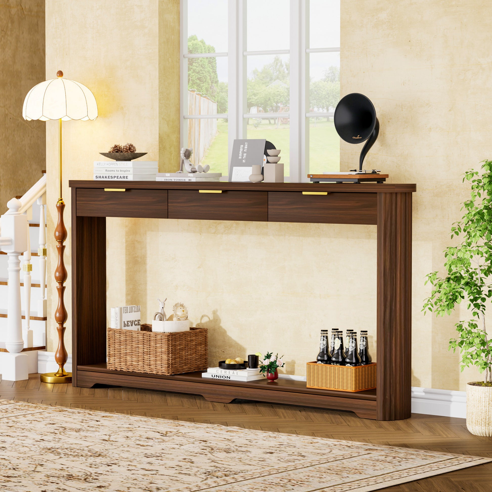 70.1" Wavy-Patterned Storage Table with Drawers; a slim wooden side table that can be placed behind a sofa, ideal for entryways, hallways, and doorways.Walnut.70.1"L*8.7"W*35.5"H image 3