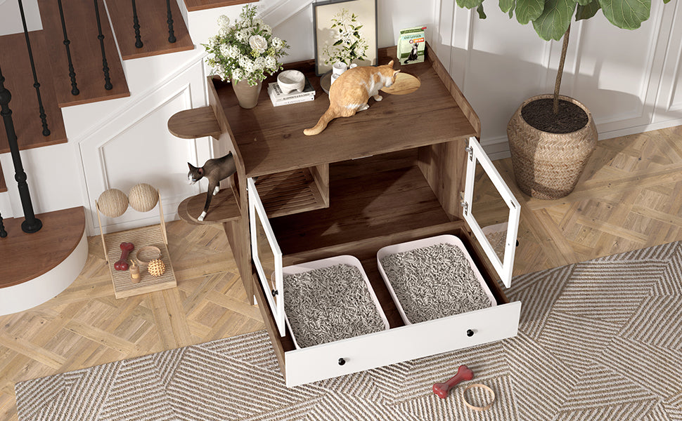 Cat Litter Box Enclosure, Hidden Cat Litter Box Furniture with Drawer and Stairs, Wooden Cat House Washroom for Bedroom,Cat Cabinet Side Table for Living Room, Brown and White image 10