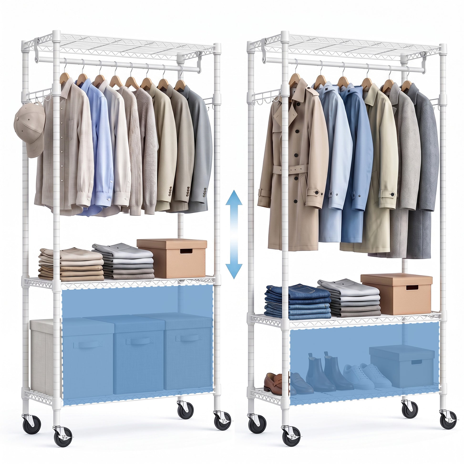 Heavy Duty Rolling Garment Rack 3 Tiers Adjustable Wire Shelving Clothes Rack with Rods and Side Hooks,Storage Closet Clothing Rack with Wheels White 15.7" D x 29.5" W x 74.5" H image 4