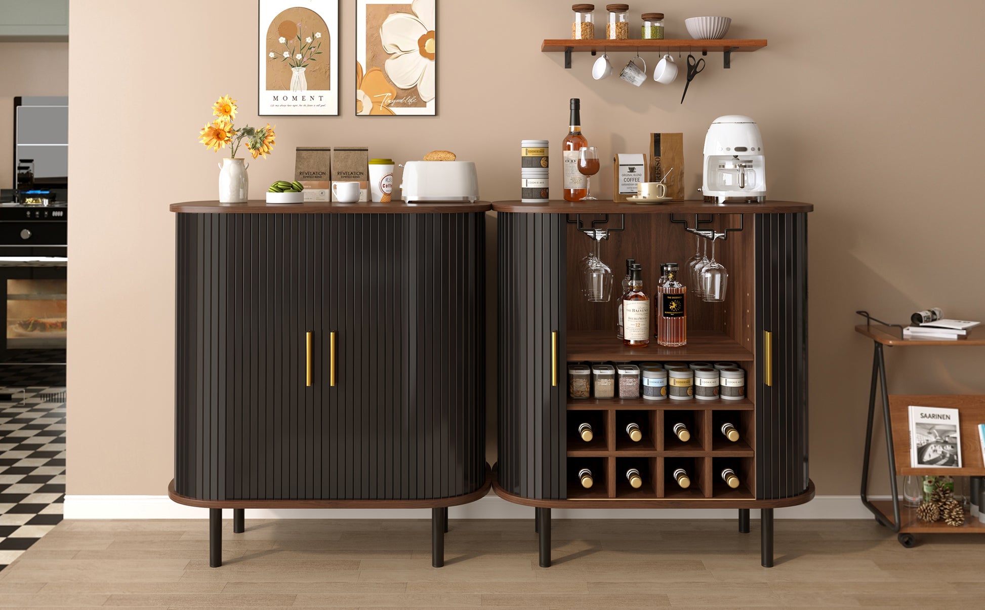 28" Fluted Wine Bar Cabinet with 8-Grid Wine Rack, 5-Level Adjustable Shelves, 2 Glass Holders, Smoothly Sliding Tambour Doors, 4 Hidden Storage Space on the Side, Modern Liquor Coffee Station, Black image 4