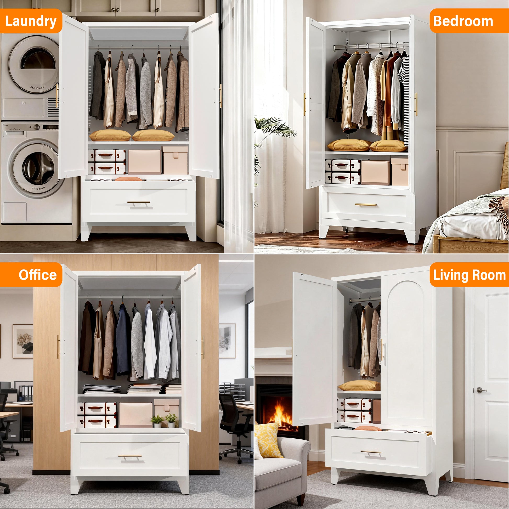 60" Tall Metal Wardrobe Cabinet with 1 Drawer and Hanging Rod, 2 Doors Wardrobe Closet with Shelf for Bedroom, Office, Laundry Room,Entryway,Foyer,Guesthouse (White) image 6