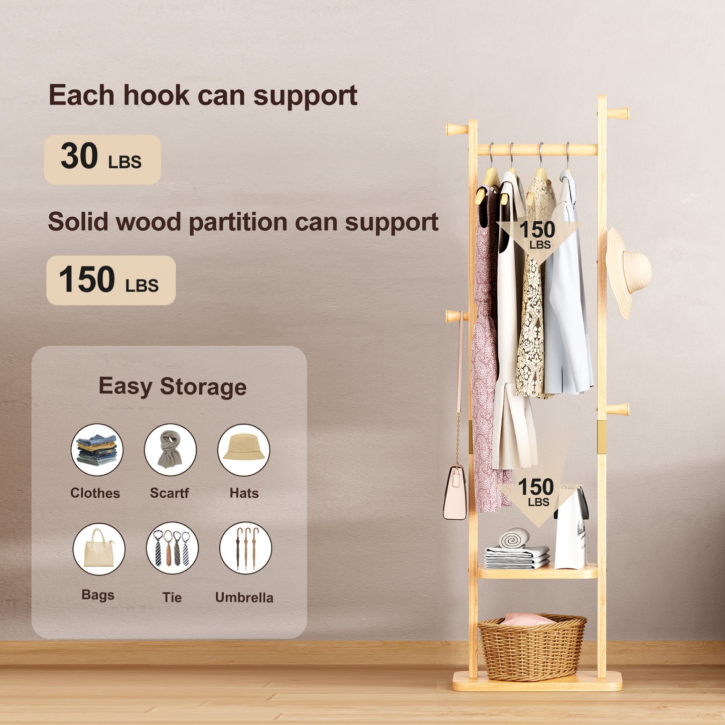 Coat Racks solid wood hanger 18.9* 11.8*71in Solid environmental protection easy to assemble beautiful can be placed in the bedroom/entrance/living room (wood color) image 8