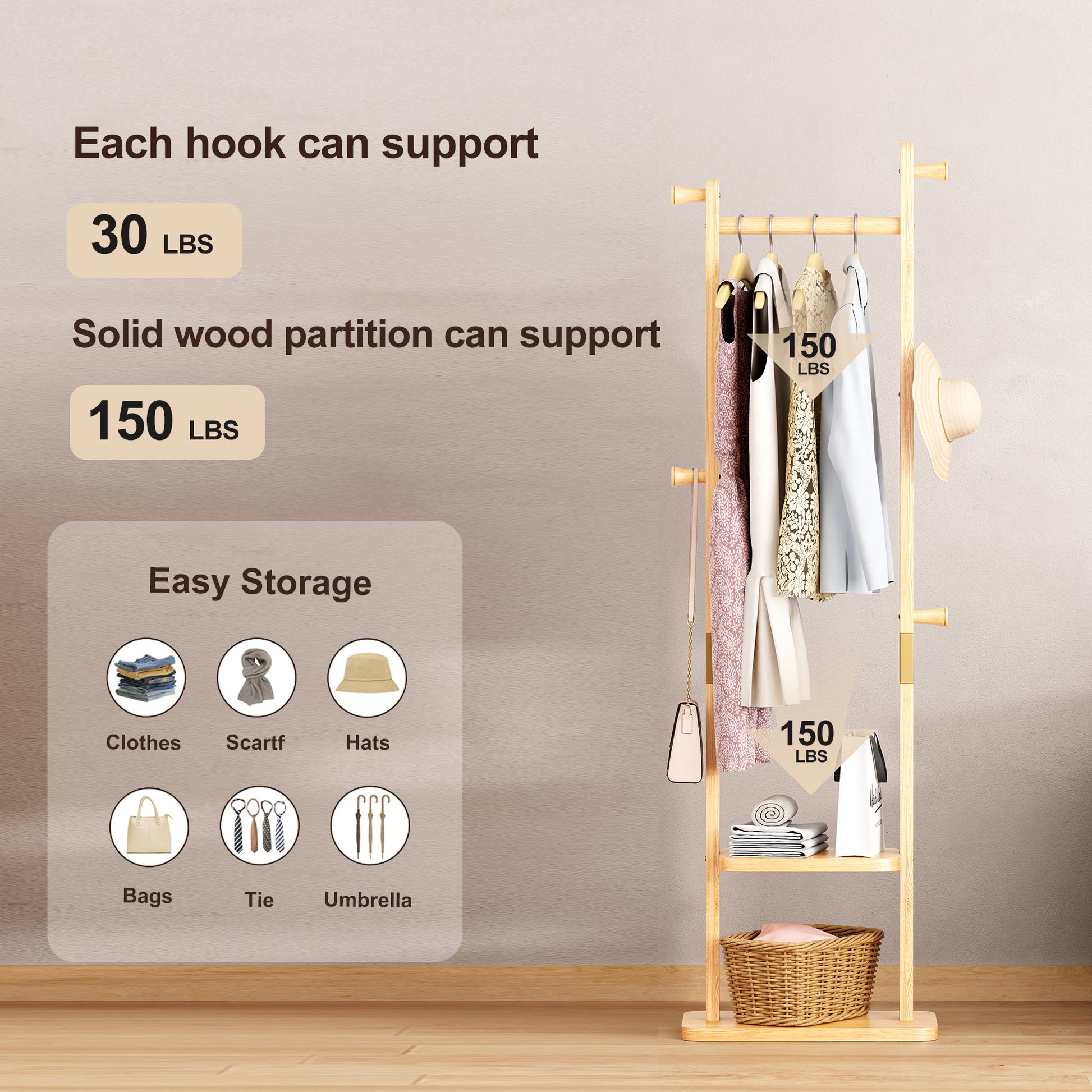 Coat Racks solid wood hanger 18.9* 11.8*71in Solid environmental protection easy to assemble beautiful can be placed in the bedroom/entrance/living room (wood color) image 8