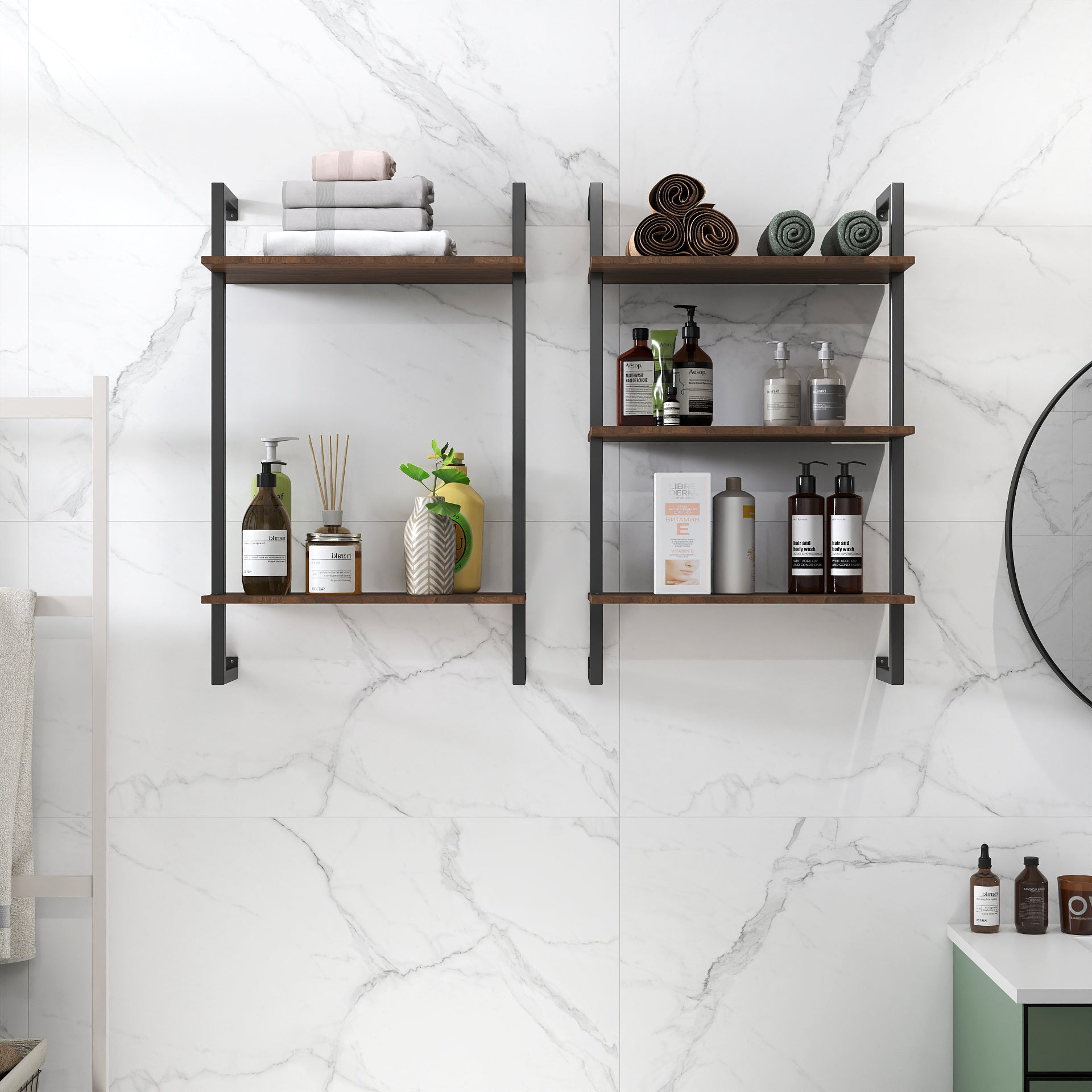 3 Tier and 2 Tier Bathroom Shelves Metal, Wood Hanging Storage Bookshelf image 1