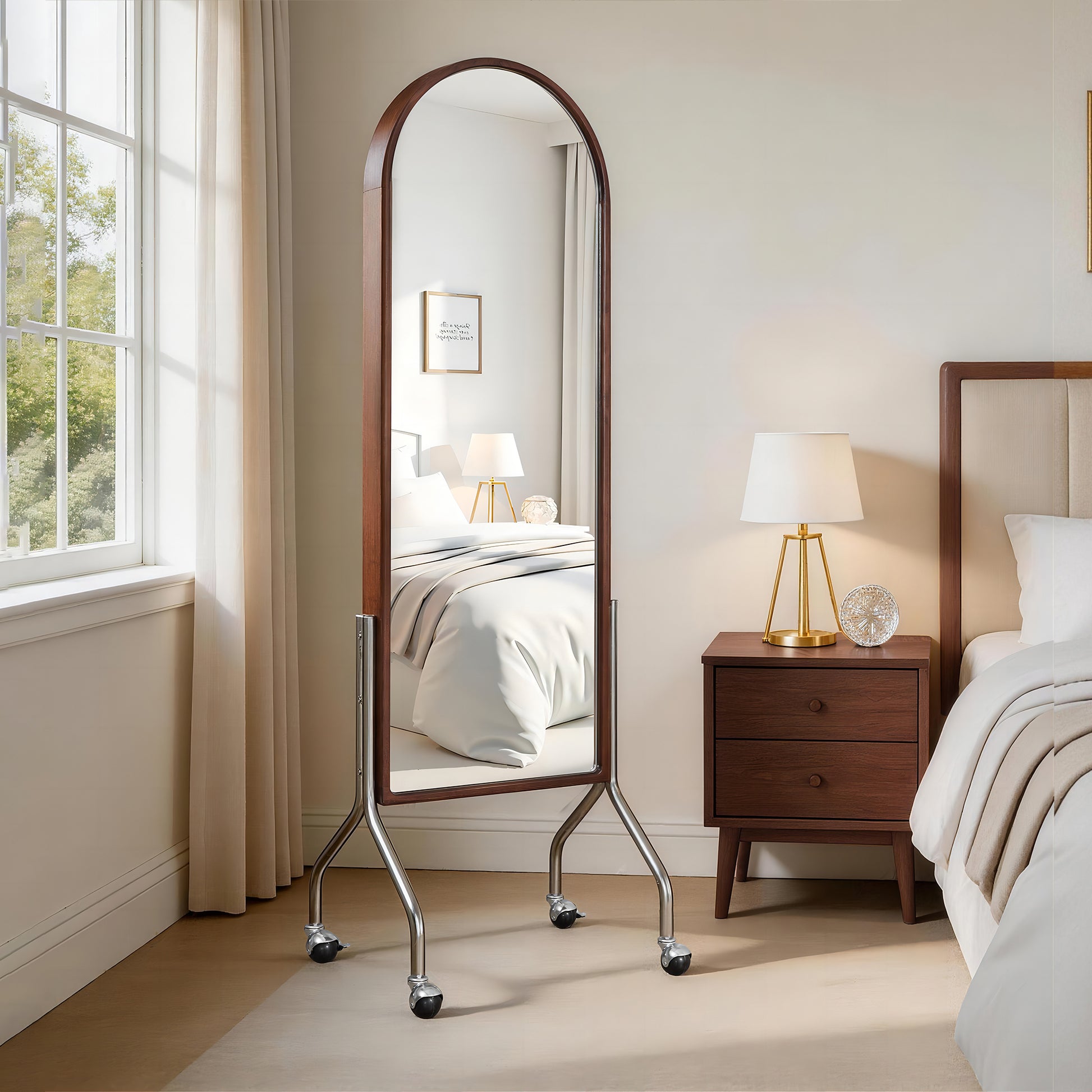 Arched Full Length Mirror with Storage Shelves & Wheels, Rubber Wood Frame Floor Mirror, Freestanding Rolling Mirror with Cart, 2-in-1 Dressing Mirror & Bookcase for Bedroom Living Room image 3