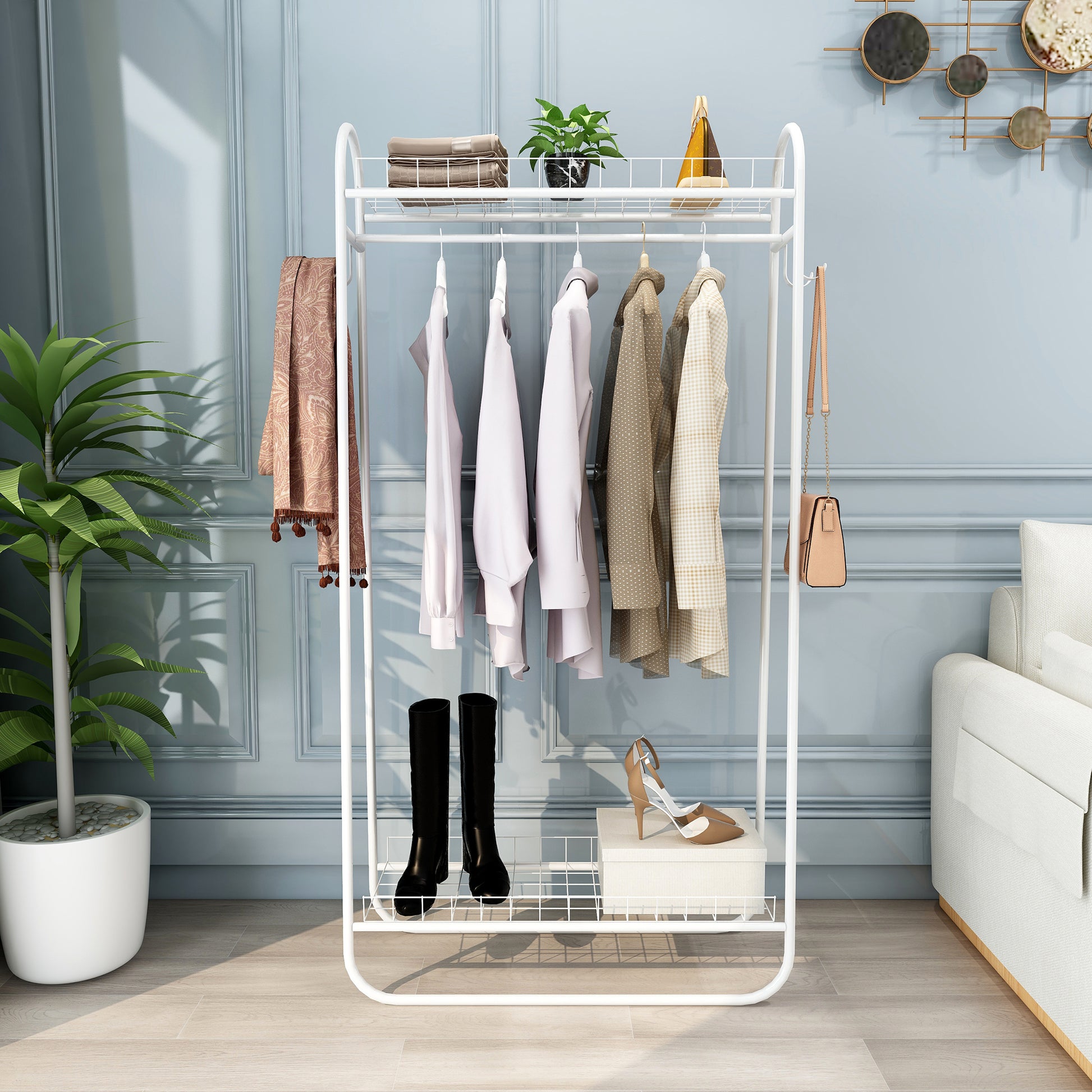 Garment Rack Freestanding Heavy Duty Clothing Rack, Metal Rolling Clothes Rack with Double Shelves, Portable Wardrobe Rack for Hanging Clothes image 3