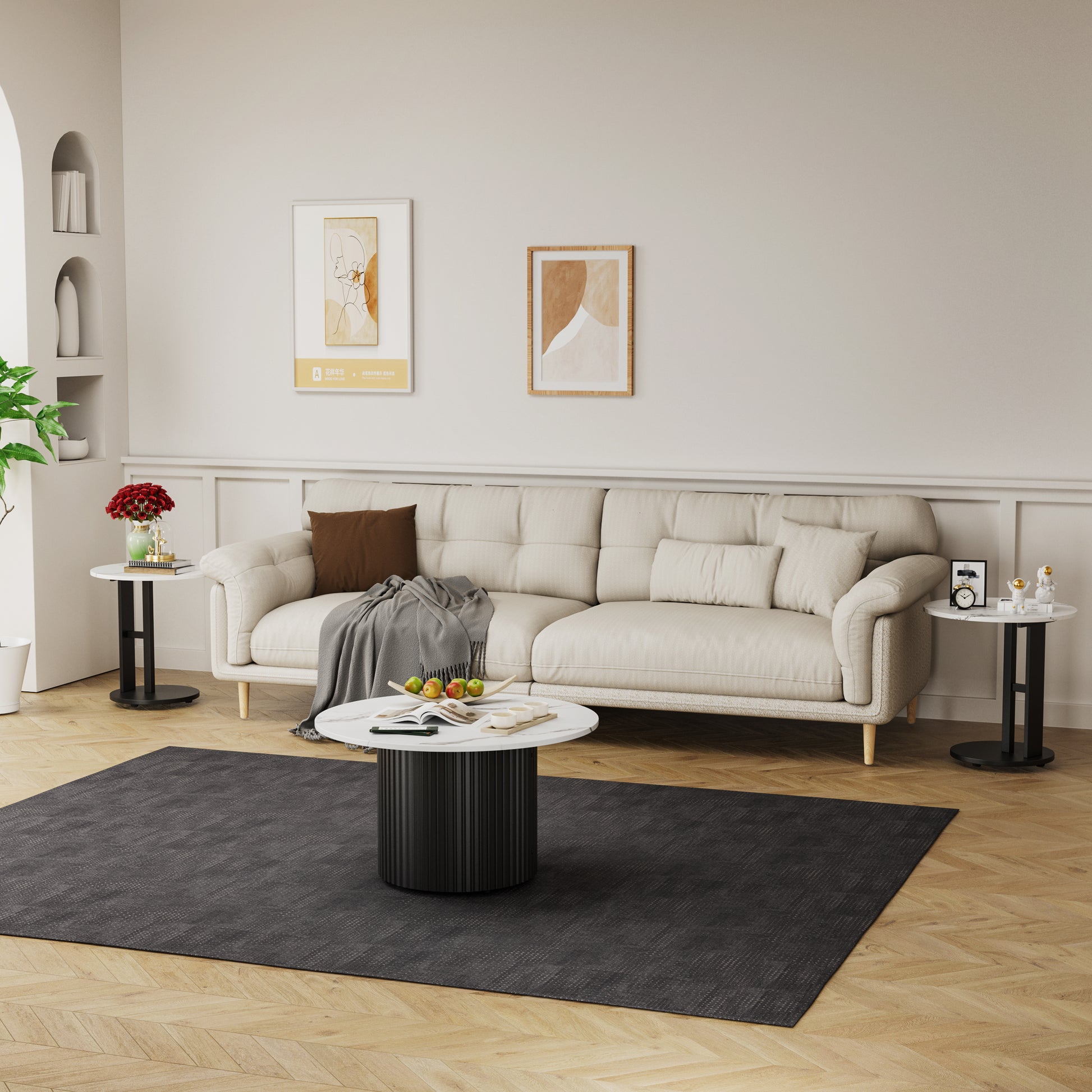 Coffee Table Set of 3, Modern Nesting Coffee Tables with Faux Marble Top and Metal Legs, Round Coffee & Side Tables with Ribbed Design for Living Room, Small Space Apartment image 2